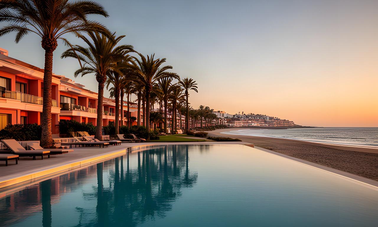 Resort de la Costa de la Luz al atardecer con piscina, palmeras y playa al fondo