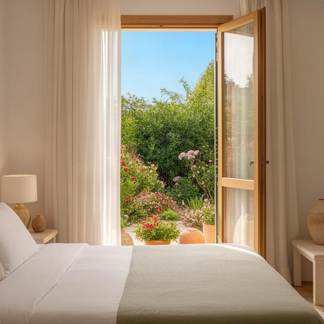 Habitación luminosa de un hotel en Sancti Petri con ventana abierta hacia el jardín