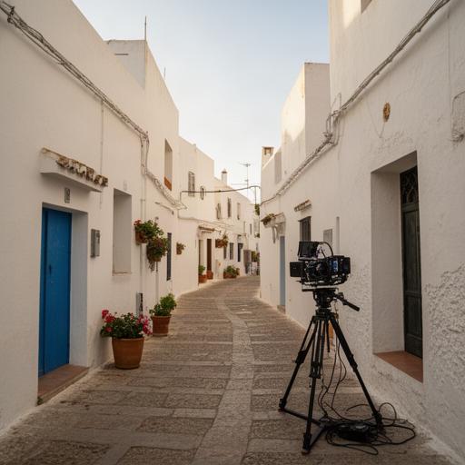 Calle encalada de un pueblo blanco de Cádiz preparada para una grabación televisiva