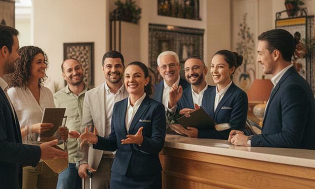 Equipo de hotel andaluz atendiendo a huéspedes en una escena documental