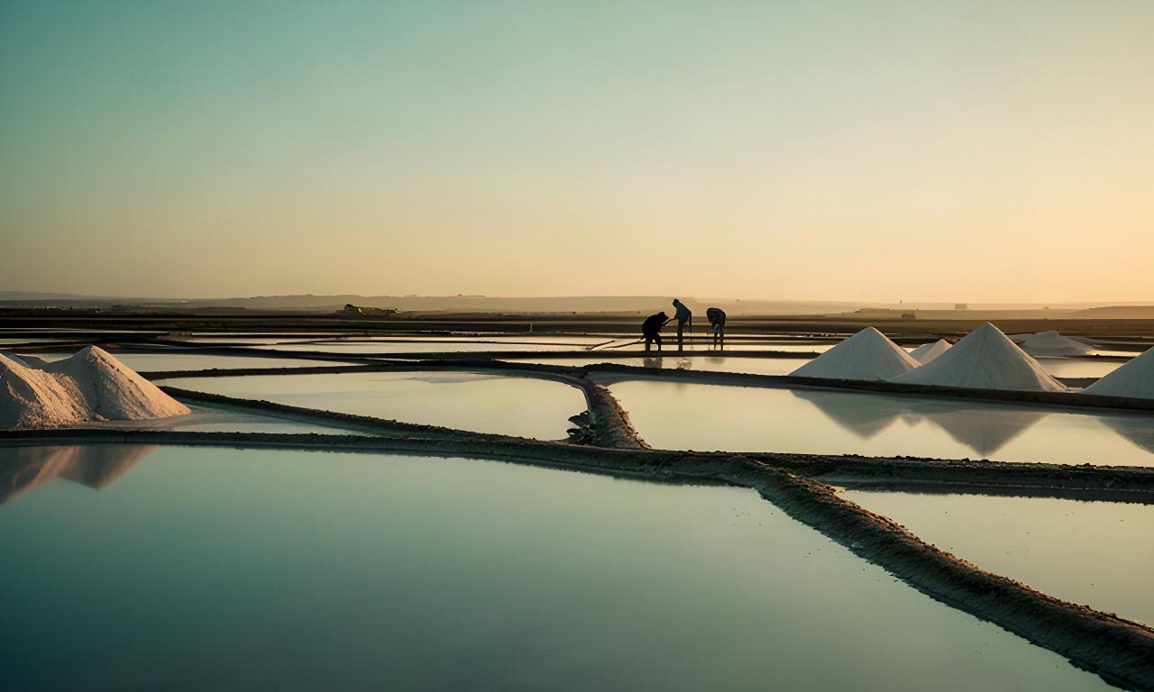 Salinas de la Bahía de Cádiz al amanecer con reflejos de agua y trabajadores en la distancia