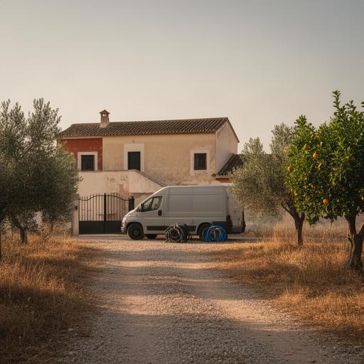 Entorno rural de la Costa de la Luz con vehículo de producción aparcado junto a una finca