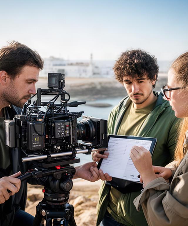 Equipo audiovisual preparando una cámara y revisando un plan de rodaje en exteriores de la Bahía de Cádiz