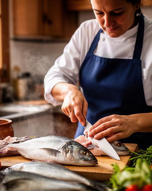 Cocinera preparando pescado de la Bahía de Cádiz en una cocina local