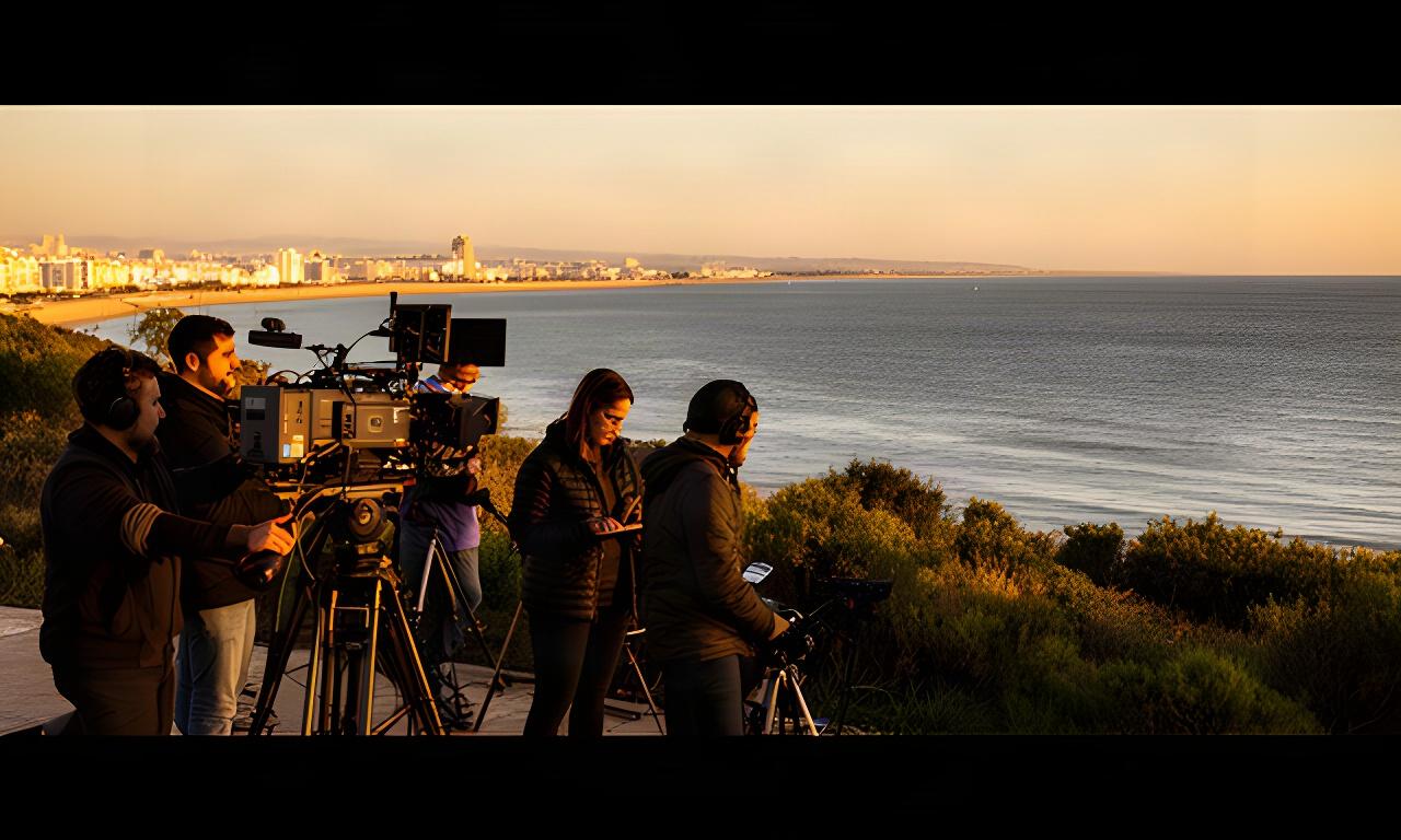 Equipo de producción grabando un programa junto a la Bahía de Cádiz al atardecer