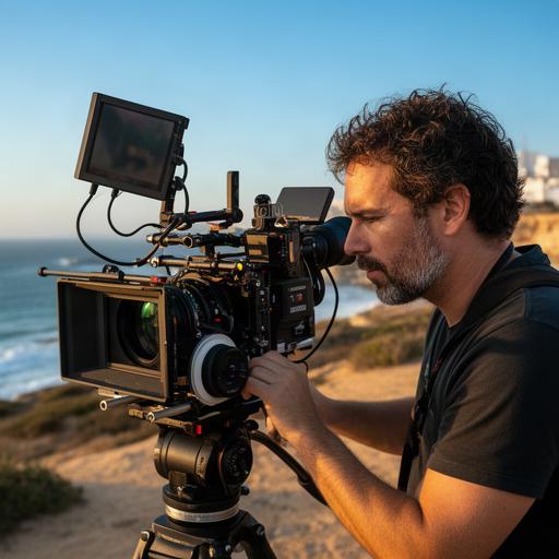 Director de fotografía ajustando una cámara durante un rodaje exterior en Cádiz