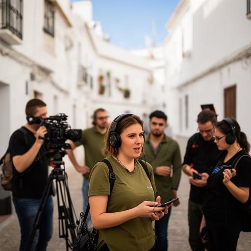 Productora coordinando un equipo audiovisual en una calle blanca de Andalucía