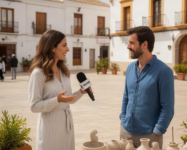 Presentadora entrevistando a un artesano en una plaza de Chiclana de la Frontera