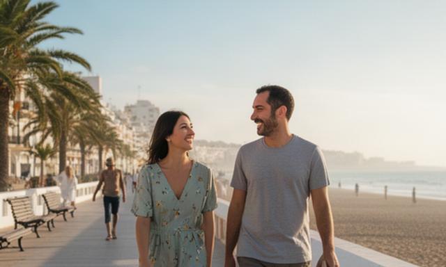 Pareja recorriendo un paseo marítimo de Chiclana durante un microprograma de turismo