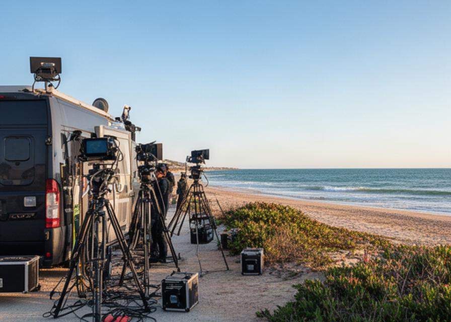 Unidad móvil de televisión junto a una playa de Chiclana durante un rodaje exterior