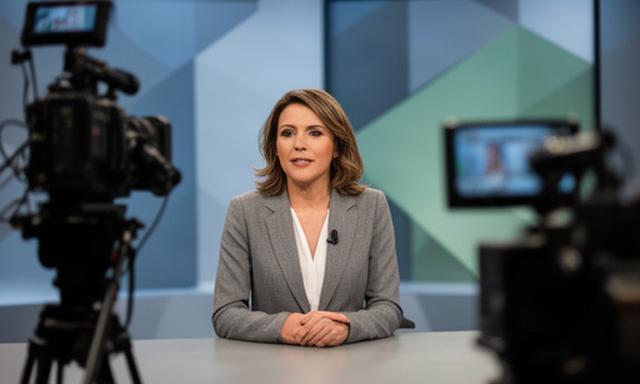 Presentadora conduciendo un magazine regional desde un plató con iluminación de televisión