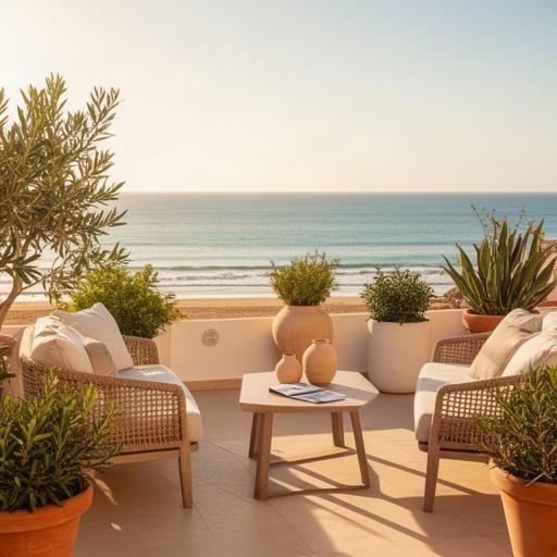 Terraza de un hotel de playa en Cádiz preparada para una producción de marca