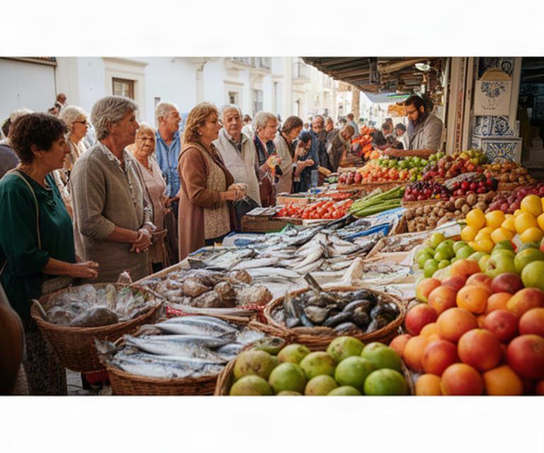 Mercado local de Cádiz con puestos de pescado, frutas y vecinos conversando durante una mañana luminosa