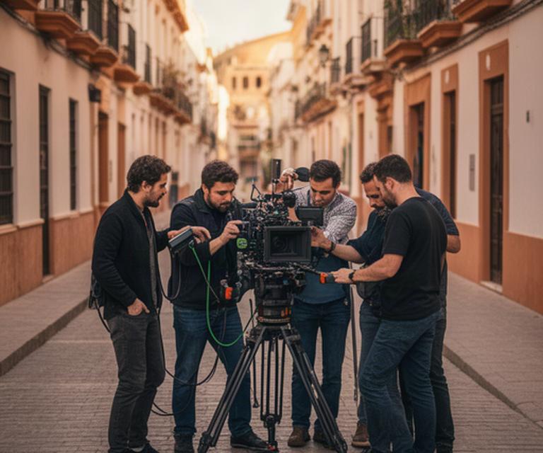 Equipo de producción audiovisual rodando en una calle histórica de Chiclana de la Frontera
