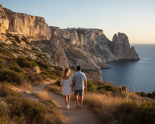 Pareja caminando por un sendero costero de Cádiz junto a acantilados y vegetación mediterránea